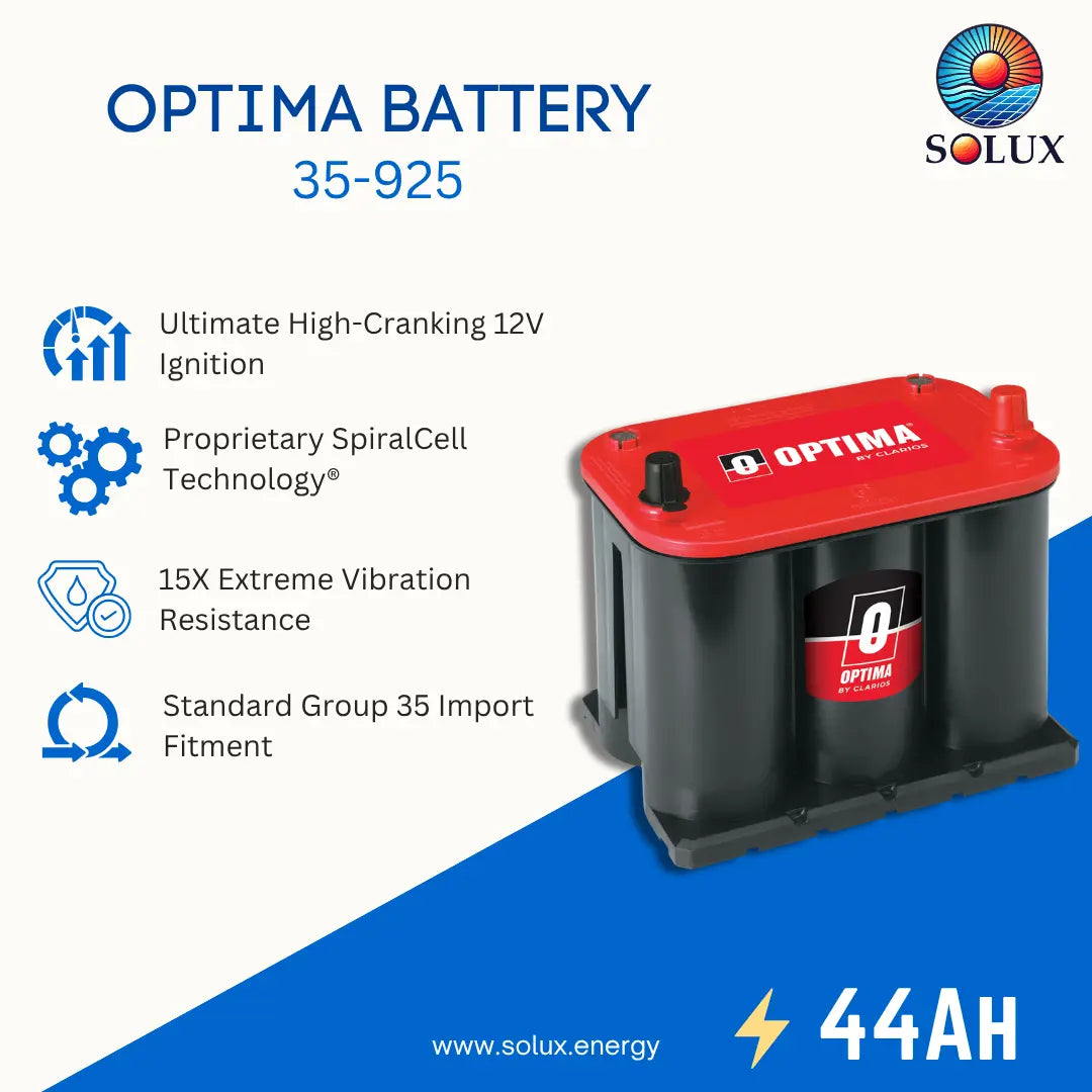 Solux Optima Battery 35-925 12V car battery with a red top and black body, shown on a blue and white promotional background with product features listed on the left.